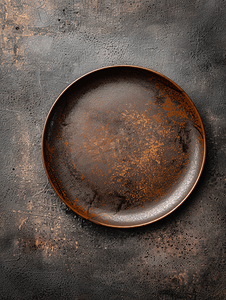 深棕色混凝土背景上一块空的棕色陶瓷盘