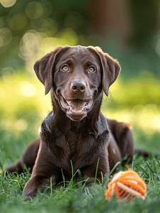 巧克力拉布拉多猎犬正在草地上玩玩具