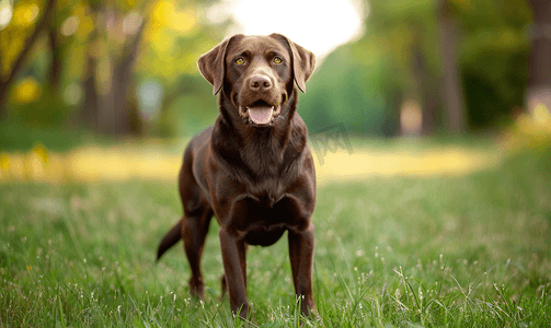 夏日公园散步时巧克力拉布拉多猎犬的肖像
