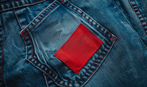 破旧贴纸摄影照片_带红色服装标签的蓝色牛仔裤