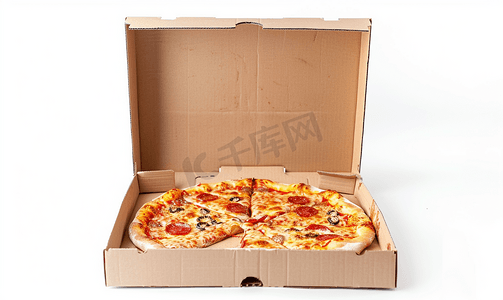 空吃打开的披萨盒孤立在白色背景