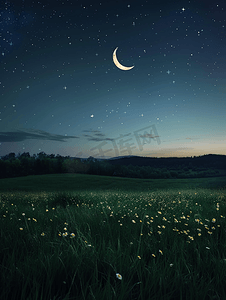 背景夜晚天空摄影照片_草地上美丽的夜晚有新月和星星