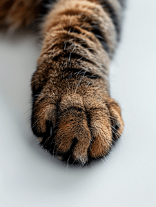 棕色虎斑猫毛茸茸的爪子的特写
