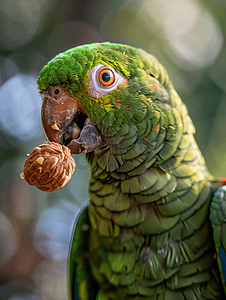 亚马逊绿鹦鹉特写吃坚果核桃