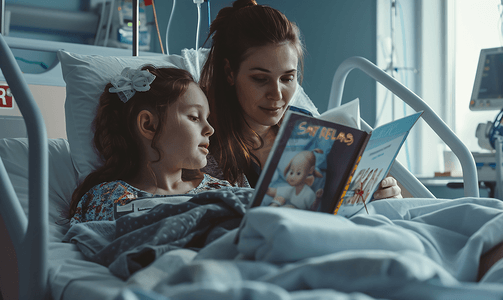 读的书摄影照片_妈妈给住院的女儿读故事书