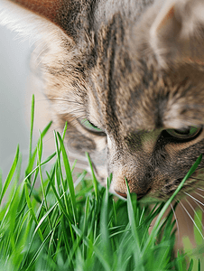 猫吃新鲜草特写镜头