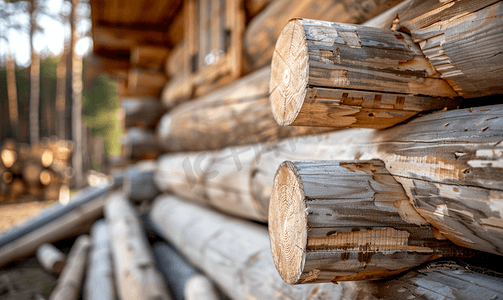 传统木屋在施工过程中用对角支柱剥去原木墙