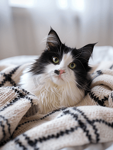 毛茸茸的绿眼睛黑白猫躺在柔软的米色格子上上面有白色枕头