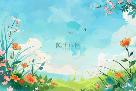 夏季风景花草背景手绘