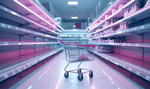 超市购物篮摄影照片_超市货架空了购物车也因恐慌全部售完