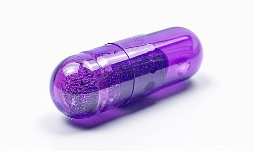 打开质子紫色有机药胶囊白色背景特写