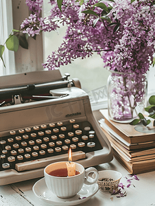 冒烟的茶杯摄影照片_有紫色花朵的老式打字机、一支蜡烛、一摞书和茶杯