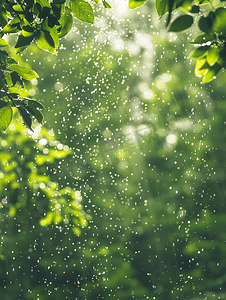 雨下的森林摄影照片_在阳光明媚和有风的条件下长而快的雨滴落在绿色森林中