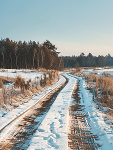 公路春天摄影照片_冬季解冻日光下的质朴公路轨道无人