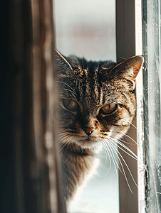 春节表情包摄影照片_一只愤怒的猫的肖像带着攻击性的表情盯着窗户