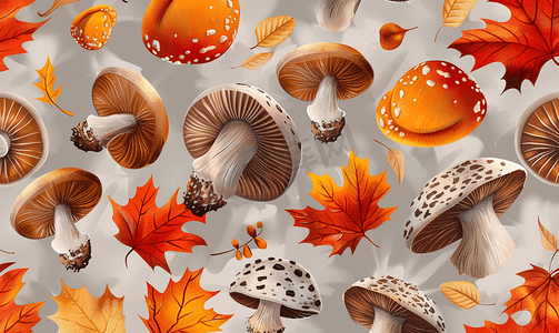 漫画手绘风格摄影照片_秋季蘑菇无缝图案矢量插图