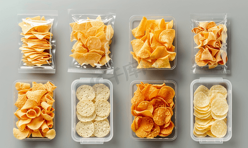 脆饼摄影照片_灰色背景下各种容器中的零食脆皮薯片和威化饼的平铺