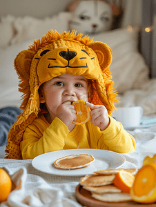 有趣的食物概念孩子做饭和吃有趣的早餐狮子煎饼和橙子
