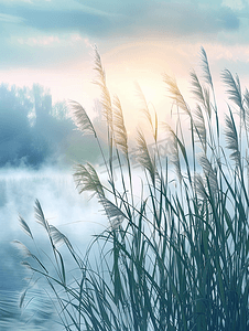 夏日日出时雾气弥漫的湖畔草木茂盛