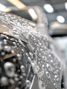 一辆被肥皂泡沫覆盖的汽车同时在室内近距离清洗有选择地聚焦