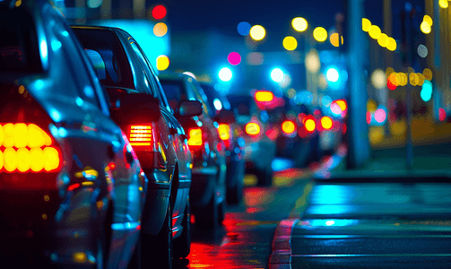 汽车前灯光摄影照片_晚上一排汽车停在红绿灯前