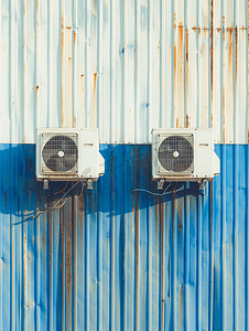 蓝色和白色金属墙上的空调两台双冷凝机组