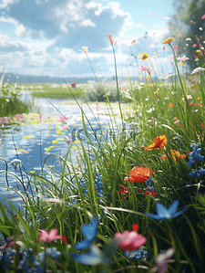 自然花草背景背景图片_户外蓝天白云自然花草河流的背景