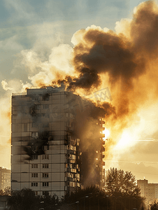 爆炸mg摄影照片_建筑物燃烧建筑物上空冒烟天空中冒烟