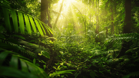 天气阳光照射到原始森林树木上背景