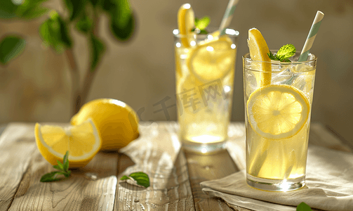 柑橘摄影照片_清爽的柑橘柠檬水夏季饮料木质背景上加新鲜柠檬的柠檬水