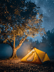 旅游黄色背景摄影照片_夏日星夜雾气弥漫的树下黄色帐篷