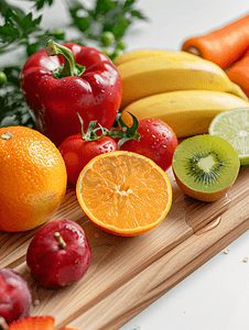白色背景下木桌上的新鲜水果和蔬菜杂货产品