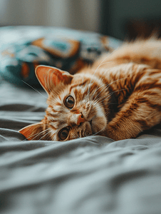 相机旅行摄影照片_橙色虎斑猫躺在床上看着相机
