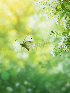 绿色蝴蝶背景摄影照片_蝴蝶在大自然中飞翔绿色模糊的背景
