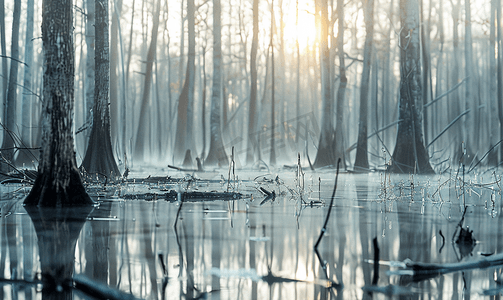 夏日清晨沼泽中垂直的干灰色直枯树干