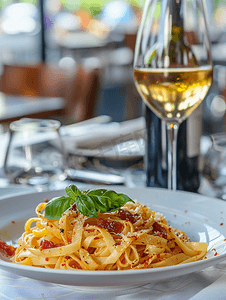 餐厅桌上的意大利面食和一杯酒