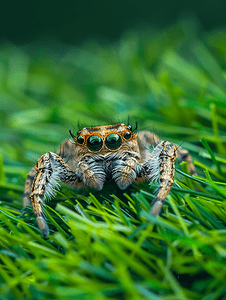 特写：一只大眼睛的可爱小跳蛛坐在人造草地上