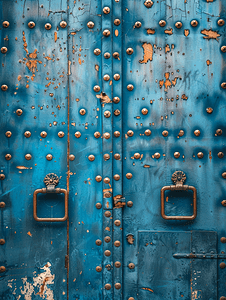 带铆钉和剥落蓝色油漆的旧锻造铁门