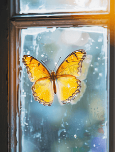红蝴蝶结摄影照片_玻璃上的豆子窗户上的蝴蝶内部细节窗框