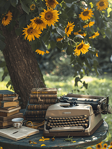 树下的老式打字机配有向日葵书籍和茶杯