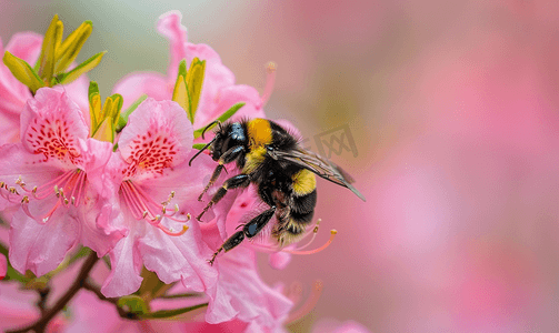 大黄蜂为粉红色的杜鹃花授粉