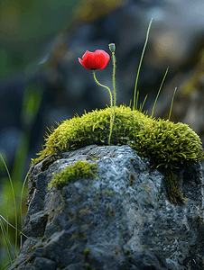 岩石上的绿色苔藓花园里的罂粟花