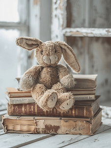 玩具小兔子摄影照片_毛绒玩具兔子坐在旧书上
