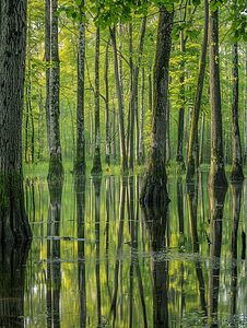 夏季沼泽的早晨有垂直的干灰色直树干