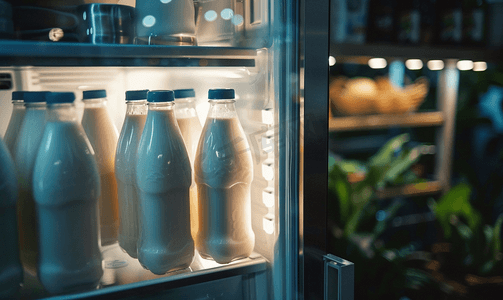 奶瓶蜡笔摄影照片_夜晚冰箱门上放着牛奶瓶
