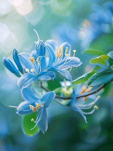 蓝色金银花开花忍冬在春天的花园里绽放