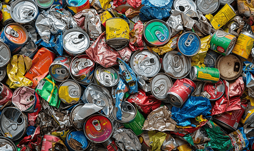 游戏电竞背景摄影照片_回收铝金属碎罐废物背景
