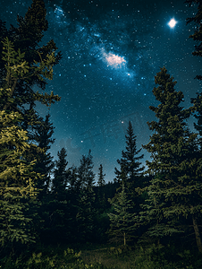 油画万里长城摄影照片_夜风景在有满月和星星的森林里