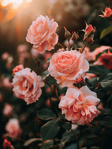 晚间花园中的粉红玫瑰夏季花朵花卉背景