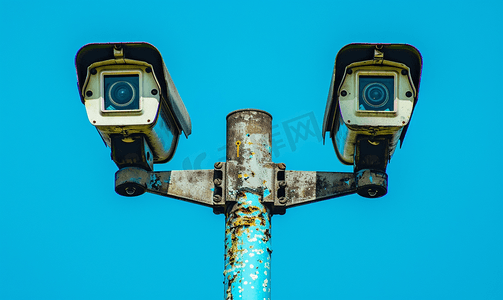 厕所监控摄影照片_蓝天背景中路灯杆上的两个旧闭路电视安全监控摄像头
